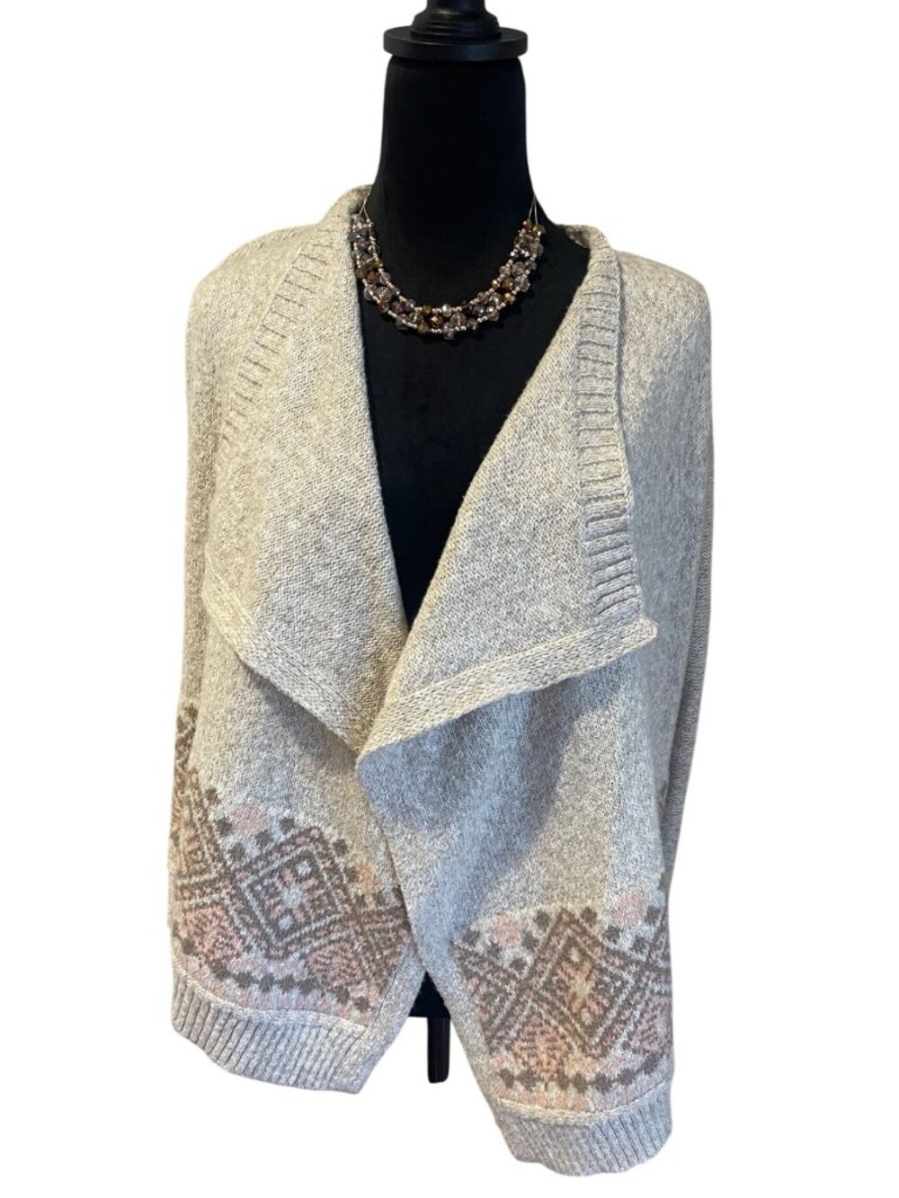 Hollister Waterfall Cardigan Sz S Oatmeal Beige Pink Aztec Open Front Sweater